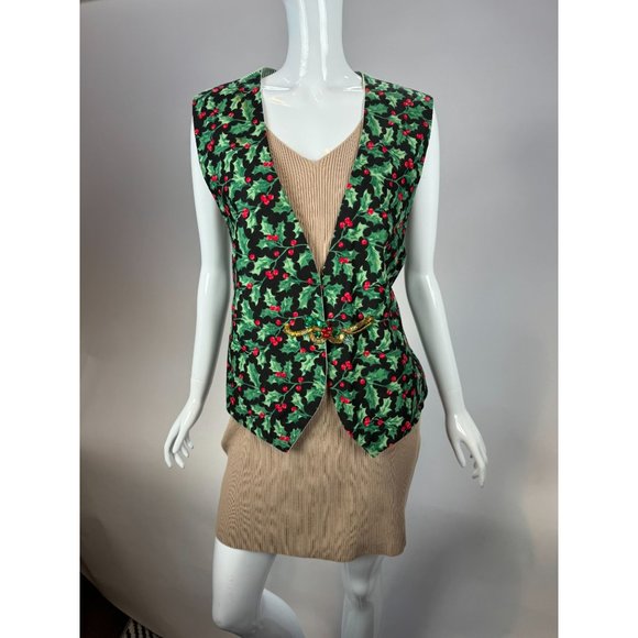 Vintage Holiday Holly Vest - blemish on shoulder OS Green Holly Cotton Blend - Picture 12 of 16